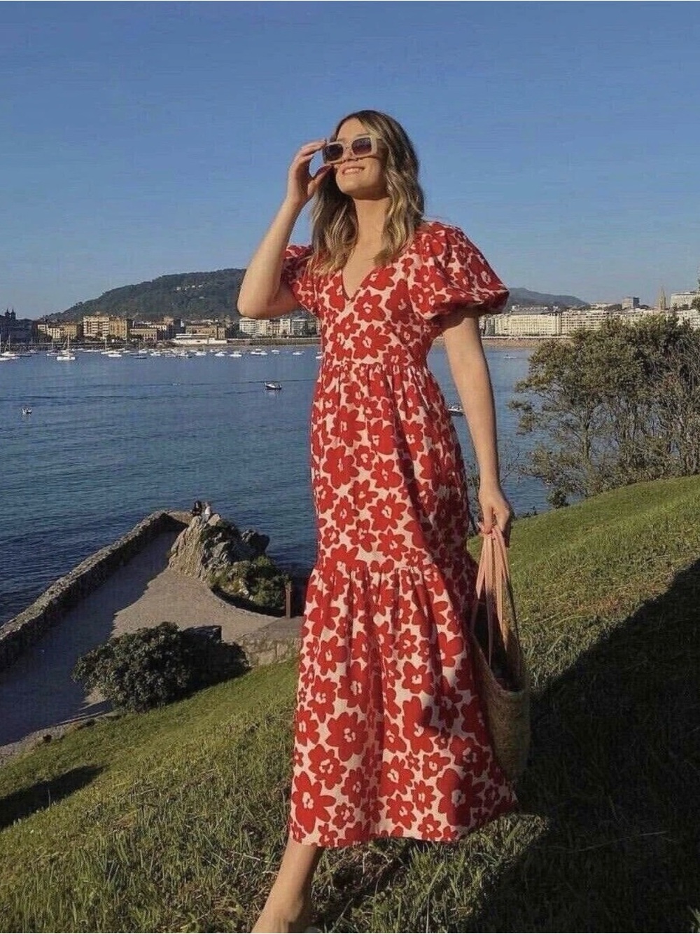 ZARA MIDI FLORAL PRINTED POPLIN DRESS RUFFLED RED